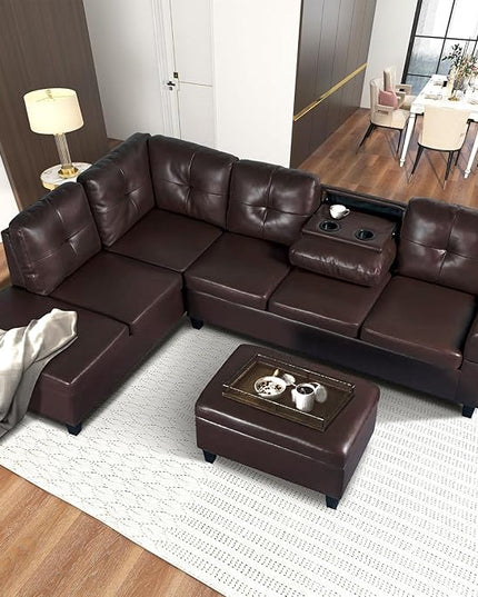 Living Room Furniture L Shaped Sectional Sofa Set with Storage Ottoman and Cup Holders, Wide Convertible Upholstered Couch for Home Office, Brown B - LeafyLoom
