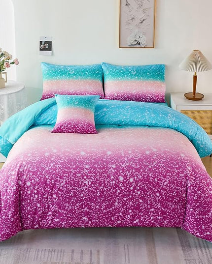 URBONUR Girls Comforter Set Full Size Gradient Glitter Purple Orange Teal Sparkle Bedding Comforter with Sheets Set 6 Piece Bed-in-a-bag Light Weight All Season Easy Care Bed Set - LeafyLoom