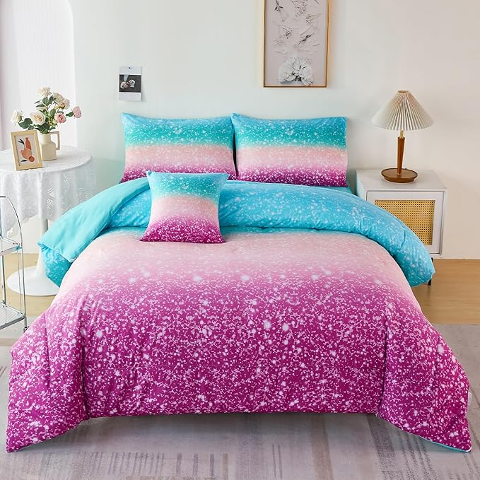 URBONUR Girls Comforter Set Full Size Gradient Glitter Purple Orange Teal Sparkle Bedding Comforter with Sheets Set 6 Piece Bed-in-a-bag Light Weight All Season Easy Care Bed Set - LeafyLoom