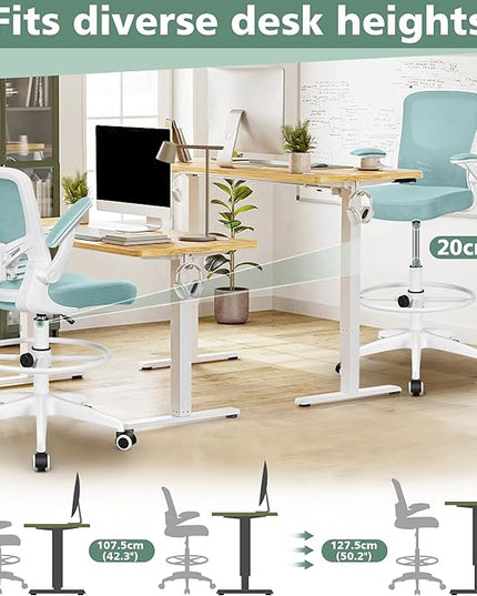 MINLOVE Drafting Office Chair, Ergonomic Tall Office Chair with Flip-up Armrests Executive Ergonomic Computer Standing Desk Chair with Lumbar Support and Adjustable Footrest(Light Blue) - LeafyLoom