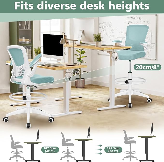 MINLOVE Drafting Office Chair, Ergonomic Tall Office Chair with Flip-up Armrests Executive Ergonomic Computer Standing Desk Chair with Lumbar Support and Adjustable Footrest(Light Blue) - LeafyLoom