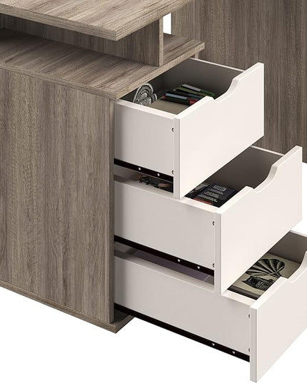 Lavish Home Contemporary Desk with Attached 3-Drawer File Cabinet for Home Office, Bedroom, Computer, or Craft Table, 43-Inch Long, White and Natural - LeafyLoom