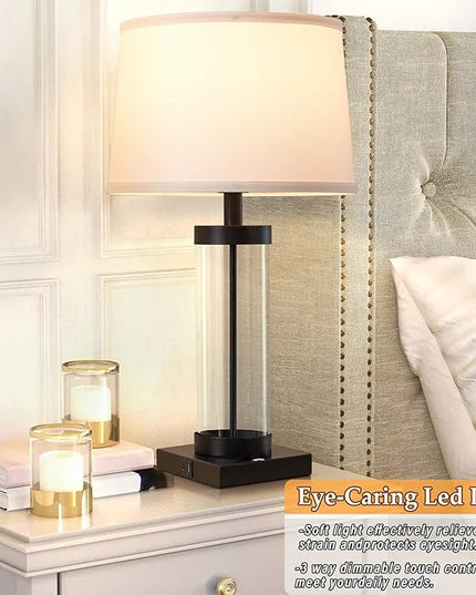 Nightstand Table Lamps for Bedrooms Set of 2 - 3 Way Dimmable Touch Bedside Lamps with USB C+A & Outlets, Black Living Room Lamps with Glass Body for End Tables, Modern Night Stand Lamps for Bedside - LeafyLoom