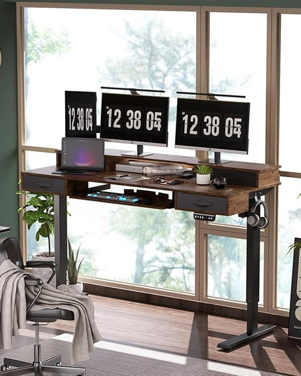 Electric Standing Desk, Multifunctional Standing Desk Adjustable Height, 63 * 24 Standing Desk with 4 Drawers, Ergonomic Adjustable Standing Desk with Keyboard Tray, Rustic Brown - LeafyLoom
