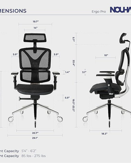 Nouhaus Ergonomic Office Chair Lumbar Support Aluminum Alloy Backrest, Big and Tall Mesh Computer Desk Chair with Adjustable Headrest, 4D Armrest and Premium Wheels(ErgoPRO,Black) - LeafyLoom