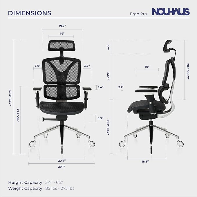 Nouhaus Ergonomic Office Chair Lumbar Support Aluminum Alloy Backrest, Big and Tall Mesh Computer Desk Chair with Adjustable Headrest, 4D Armrest and Premium Wheels(ErgoPRO,Black) - LeafyLoom