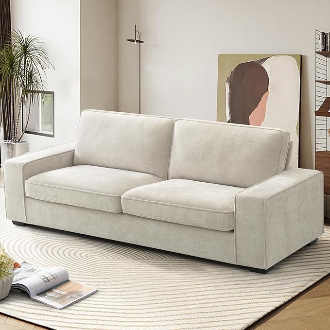 EASELAND Sofa Couch, 88" Chenille Loveseat for Living Room, 3 Seater Lounge Sofa for Bedroom with Removable Back and Seat Cushions, Modern Deep Seat Comfy Couch with Solid Wood Legs and Armrest(Beige) - LeafyLoom