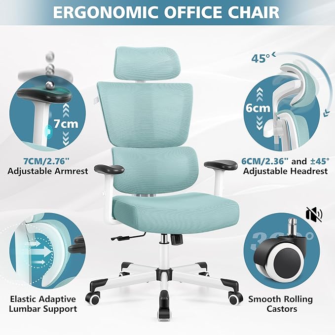 Primy Office Chair Ergonomic Desk Chair, High Back Computer Gaming Chair, Comfy Big and Tall Home Office Chair with Lumbar Support, Breathable Mesh Reclining Chair Adjustable Headrest(Light Blue) - LeafyLoom