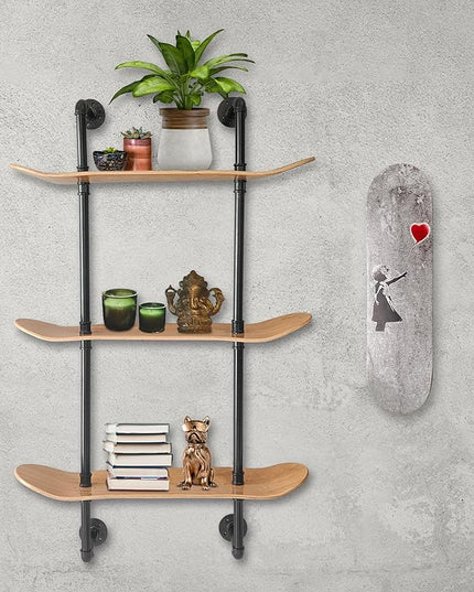 Industrial Shelves - 3 Tier Floating Shelf Bookcase with Mellow Concave Skateboard Decks - Natural Wood Stain Finish - Easy to Assemble - Bathroom Wall Decor, Book Shelf for Living Room - LeafyLoom
