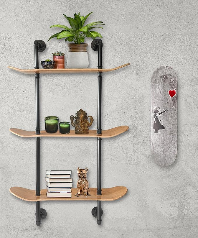 Industrial Shelves - 3 Tier Floating Shelf Bookcase with Mellow Concave Skateboard Decks - Natural Wood Stain Finish - Easy to Assemble - Bathroom Wall Decor, Book Shelf for Living Room - LeafyLoom