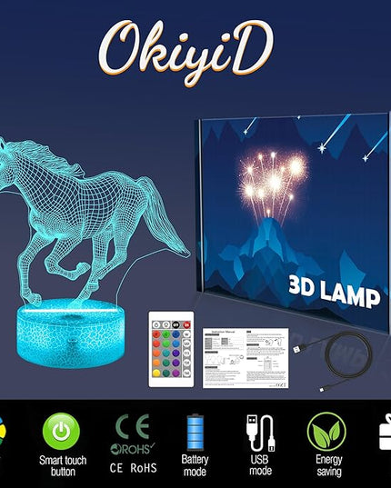 Horse Gifts for Girls, 3D Illusion Lamp, 3D Horse Night Light with 16 Colors Remote and Touch Control, Horses Decor for Kids Room, Girls Birthday Gifts - LeafyLoom
