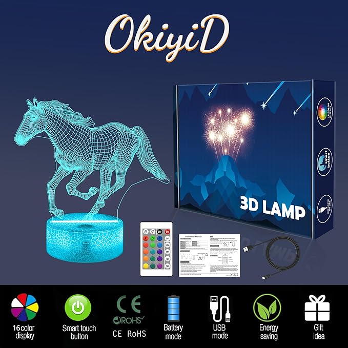 Horse Gifts for Girls, 3D Illusion Lamp, 3D Horse Night Light with 16 Colors Remote and Touch Control, Horses Decor for Kids Room, Girls Birthday Gifts - LeafyLoom
