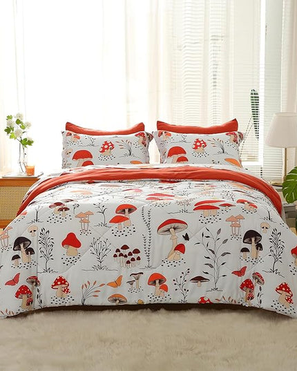 Mushroom Comforter Set Twin Size for Boys Girls Kids Teens 7 Piece Butterfly Flower Bedding Set Bed in a Bag (1 Comforter, 1 Flat Sheet, 1 Fitted Sheet, 2 Pillow Shams, 2 Pillowcases) - LeafyLoom