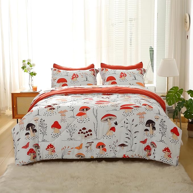 Mushroom Comforter Set Twin Size for Boys Girls Kids Teens 7 Piece Butterfly Flower Bedding Set Bed in a Bag (1 Comforter, 1 Flat Sheet, 1 Fitted Sheet, 2 Pillow Shams, 2 Pillowcases) - LeafyLoom