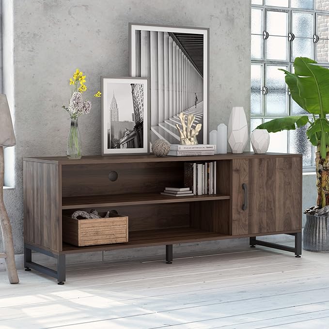 Novilla Media Console, TV Stand for TV's up to 58" Flat Screen Living Room Storage Cabinet Doors and Shelves Entertainment Center, 53 Inches, Walnut - LeafyLoom