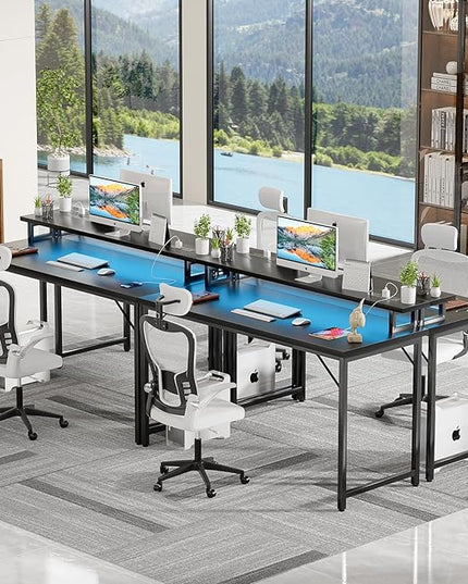47 inch Computer Desk with Power Outlets, Gaming Desk with LED Lights, Home Office Work Desk with Monitor Shelf, Modern Office Desk Study Writing Table for Small Spaces, Black - LeafyLoom