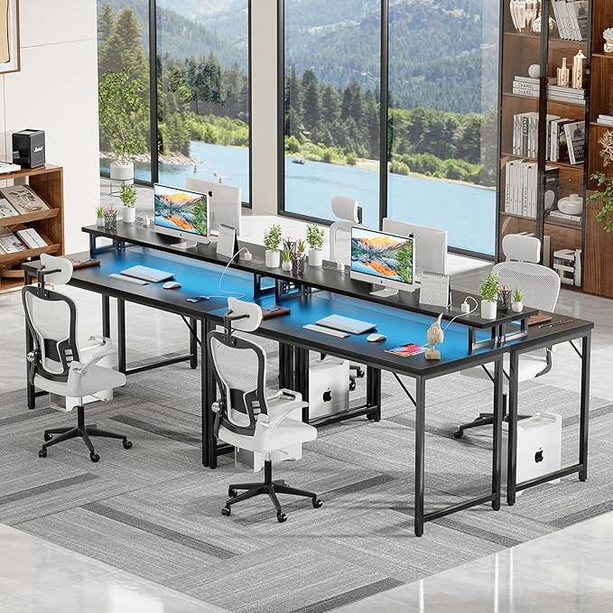 47 inch Computer Desk with Power Outlets, Gaming Desk with LED Lights, Home Office Work Desk with Monitor Shelf, Modern Office Desk Study Writing Table for Small Spaces, Black - LeafyLoom