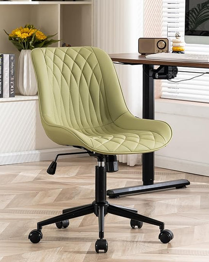 YOUNIKE Armless Office Chair with Wheels, Swivel Desk Chair Rolling Task Chair with Back, Upholstered Leather Computer Chair, Height Adjustable Modern Vanity Chair Avocado Green - LeafyLoom