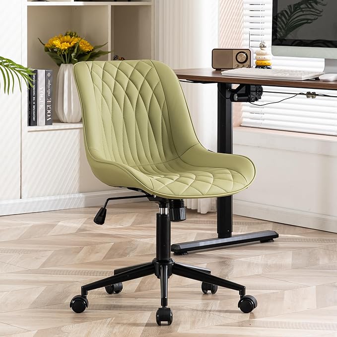 YOUNIKE Armless Office Chair with Wheels, Swivel Desk Chair Rolling Task Chair with Back, Upholstered Leather Computer Chair, Height Adjustable Modern Vanity Chair Avocado Green - LeafyLoom