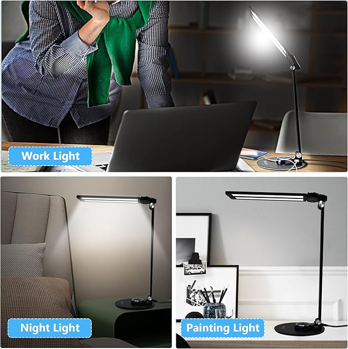 NUNET LED Desk Lamps for Home Office,Piano Lamp for Upright Piano,NULED Rotatable Aluminum Desk Lamp with USB Charging Port,Eye-Caring Reading Light/3 Lighting Modes/Brightness diammable Lamp,Silver - LeafyLoom