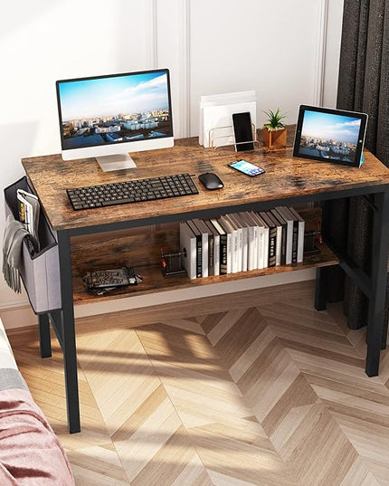 DKLGG Small Computer Desk Study Table, 43 Inch Home Office Laptop Table for Small Spaces, Modern Work Writing Table with Storage Bag & Headphone Hook, Rustic Brown - LeafyLoom