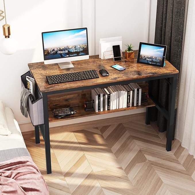 DKLGG Small Computer Desk Study Table, 43 Inch Home Office Laptop Table for Small Spaces, Modern Work Writing Table with Storage Bag & Headphone Hook, Rustic Brown - LeafyLoom