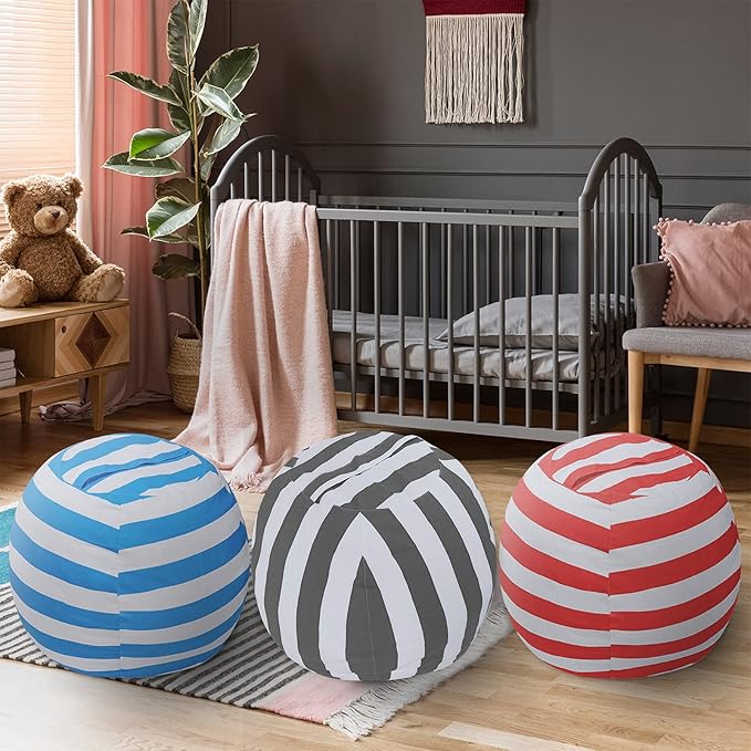 2 PCS Stuffed Animal Storage Bean Bag Chair Cover, Cotton Canvas Beanbag with Zipper for Organizing Kid's and Adults Room Vertical Stripe Grey 24" - LeafyLoom