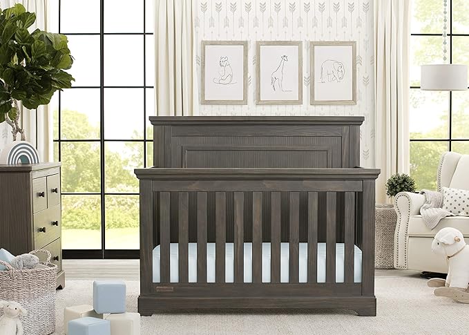 Simmons Kids SlumberTime Paloma 4-in-1 Convertible Crib, Rustic Grey + Serta Perfect Slumber Dual Sided Recycled Fiber Core Crib and Toddler Mattress (Bundle) - LeafyLoom