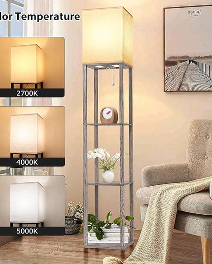 Floor Lamp with Shelves for Living Room Oak Gray, Shelf Floor Lamp with 3 CCT LED Bulb, Corner Display Standing Column Lamp Etagere Organizer Tower Nightstand with White Linen Shade for Bedroom Office - LeafyLoom