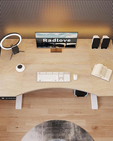 Radlove Dual Motors Height Adjustable 55 x 30'' Electric Standing Desk with Curved Design Stand Up Table 4 Memory Keys, Computer Desk with Splice Board Home Office Desk, Oak Top + White Frame - LeafyLoom