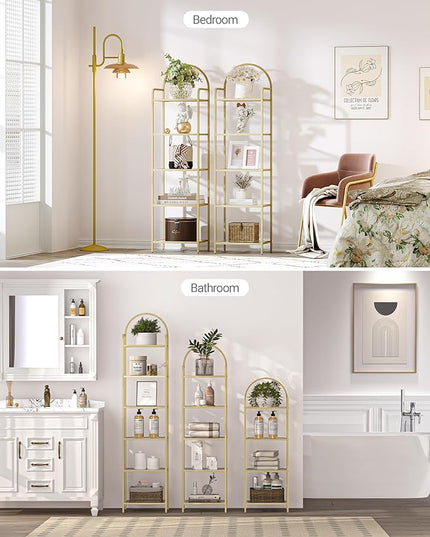 Bookcase Bookshelf, Tempered Glass Bookshelves, Slim Shelving Unit for Bedroom, Bathroom, Home Office, Steel Frame, 5 Tier Gold BC05001G - LeafyLoom