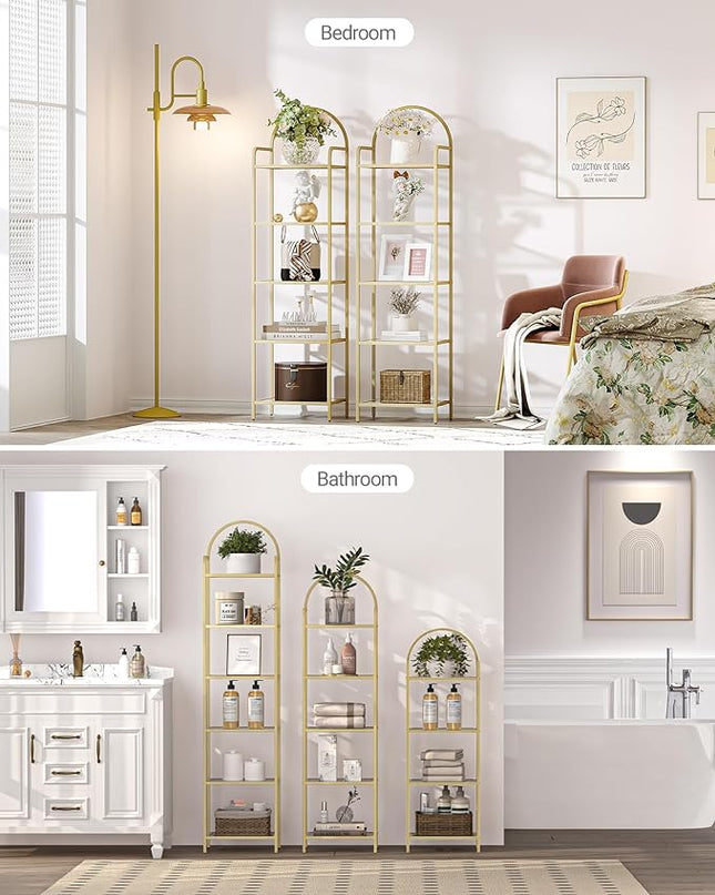 Bookcase Bookshelf, Tempered Glass Bookshelves, Slim Shelving Unit for Bedroom, Bathroom, Home Office, Steel Frame, 5 Tier Gold BC05001G - LeafyLoom