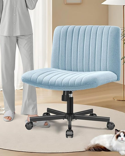 Armless Office Chair with Wheels, Wide Seat Fabric Desk Chair, Height Adjustable Cross Legged Computer Chair for Home Office, Swivel Modern Accent Chair Light Blue - LeafyLoom