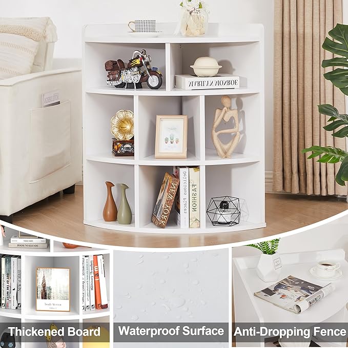 Vecelo 3-Tier Corner Cabinet with 8 Cubbies, Wooden Cube Storage Organizer, Modern Bookshelf Units for Playroom, Bedroom, Living Room,Pearl White - LeafyLoom