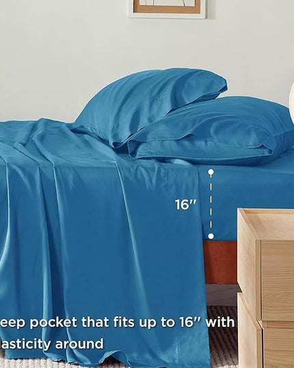 Bedsure King Size Sheet Set, Cooling Sheets King, Rayon Derived from Bamboo, Deep Pocket Up to 16", Breathable & Soft Bed Sheets, Hotel Luxury Silky Bedding Sheets & Pillowcases, Bluejay - LeafyLoom