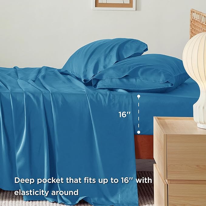 Bedsure King Size Sheet Set, Cooling Sheets King, Rayon Derived from Bamboo, Deep Pocket Up to 16", Breathable & Soft Bed Sheets, Hotel Luxury Silky Bedding Sheets & Pillowcases, Bluejay - LeafyLoom