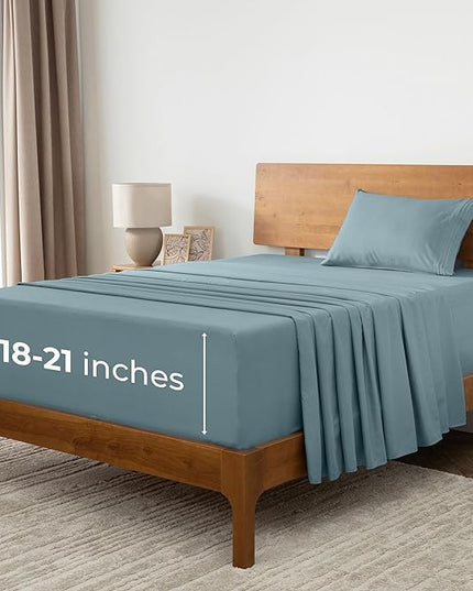 Mellanni Extra Deep Twin XL Sheets - 3 PC Iconic Collection Bedding Sheets & Pillowcases - Hotel Luxury, Ultra Soft, Cooling Bed Sheets - Extra Deep Pocket up to 21 inch (Twin Extra Long, Spa Blue) - LeafyLoom