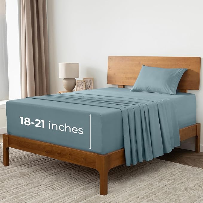 Mellanni Extra Deep Twin XL Sheets - 3 PC Iconic Collection Bedding Sheets & Pillowcases - Hotel Luxury, Ultra Soft, Cooling Bed Sheets - Extra Deep Pocket up to 21 inch (Twin Extra Long, Spa Blue) - LeafyLoom