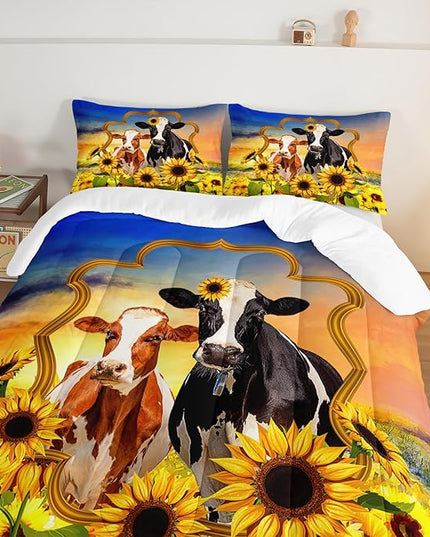 HOSIMA Animal Theme Bedding Set Bull and Cow Comforter with 2 Pillowcases,Sunflower Twin Bed in a Bag Sets for Adults Teens Kids,Brown Cowhide Black White Cow Print Western Bedding Sets. - LeafyLoom