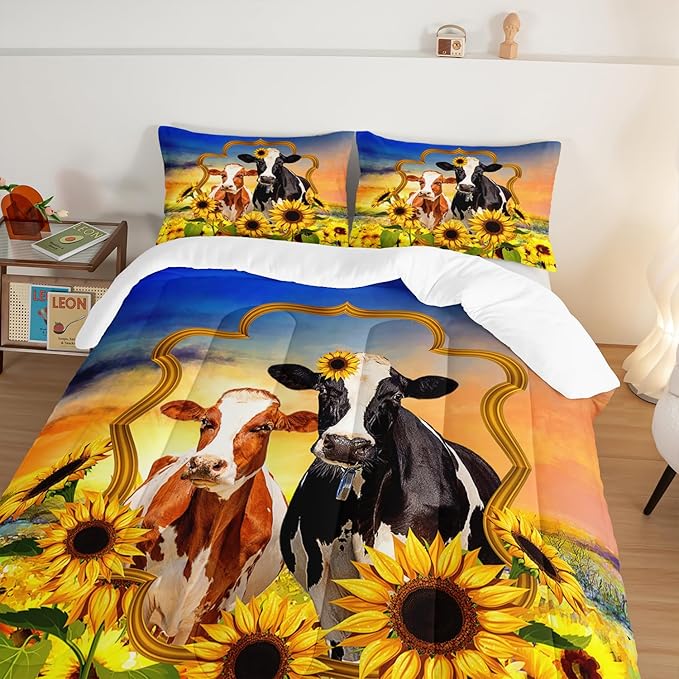 HOSIMA Animal Theme Bedding Set Bull and Cow Comforter with 2 Pillowcases,Sunflower Twin Bed in a Bag Sets for Adults Teens Kids,Brown Cowhide Black White Cow Print Western Bedding Sets. - LeafyLoom