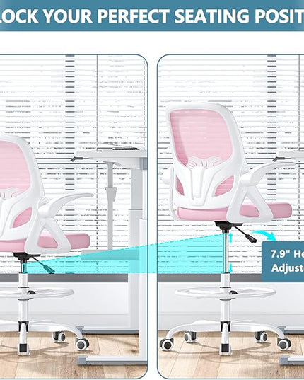 Drafting Chair Tall Office Chair for Standing Desk Adjustable Tall Desk Chair with Footrest Ring and Lumbar Support Ergonomic Computer Chair with Flip-up Armrests (Pink) - LeafyLoom