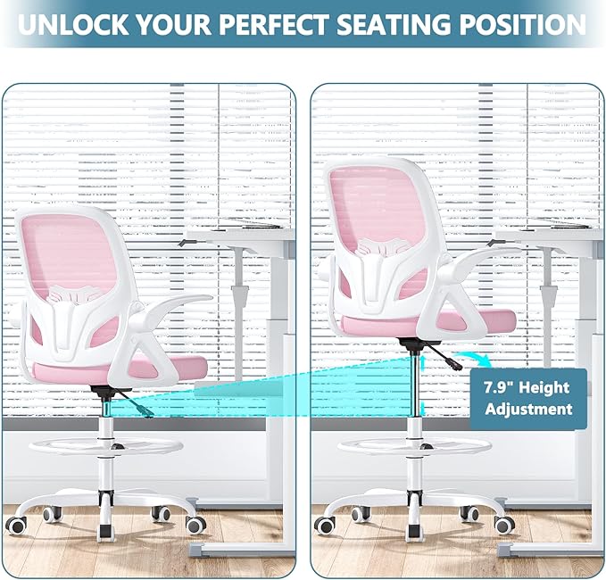Drafting Chair Tall Office Chair for Standing Desk Adjustable Tall Desk Chair with Footrest Ring and Lumbar Support Ergonomic Computer Chair with Flip-up Armrests (Pink) - LeafyLoom