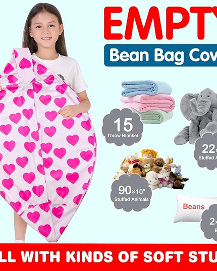 Lukeight Stuffed Animal Storage Bean Bag Chair Cover for Kids, Zipper Beanbag Chair Cover for Organizing Toddler & Kids' Rooms Plush Toys (Heart Velvet, X-Large) - LeafyLoom