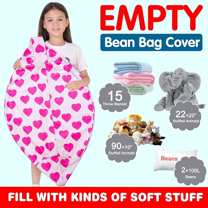 Lukeight Stuffed Animal Storage Bean Bag Chair Cover for Kids, Zipper Beanbag Chair Cover for Organizing Toddler & Kids' Rooms Plush Toys (Heart Velvet, X-Large) - LeafyLoom