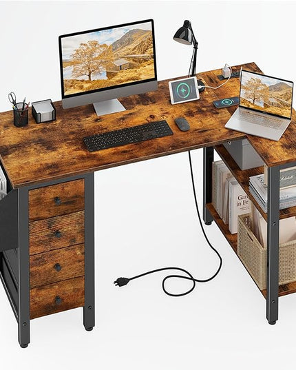 Lufeiya L Shaped Desk with Drawers & Storage Shelves, 47 Inch Corner Computer Desk with Power Outlet for Home Office Bedroom, L-Shaped Gaming PC Desks with Fabric Drawer, Rustic Brown - LeafyLoom