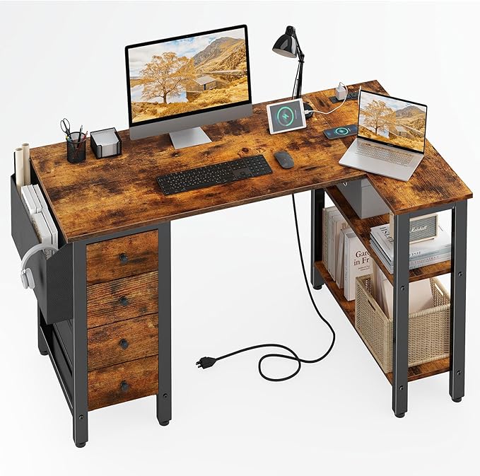 Lufeiya L Shaped Desk with Drawers & Storage Shelves, 47 Inch Corner Computer Desk with Power Outlet for Home Office Bedroom, L-Shaped Gaming PC Desks with Fabric Drawer, Rustic Brown - LeafyLoom