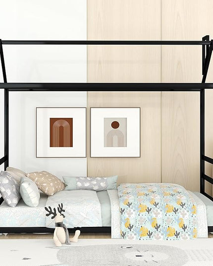 Bellemave Twin Size Montessori Floor Bed for Kids,Floor Bed with Roof, House Bed for Boys Girls,Metal House Shape Platform Bed Twin,Black - LeafyLoom
