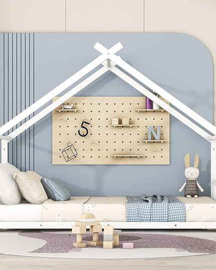 RITSU Twin Size Montessori Floor House Bed, Bedframe with Metal Slat & with Headboard and Footboard, Sturdy Construction, for Children's Room, Girls, Boys, White - LeafyLoom