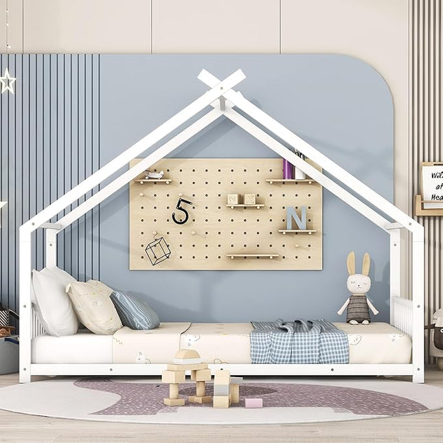 RITSU Twin Size Montessori Floor House Bed, Bedframe with Metal Slat & with Headboard and Footboard, Sturdy Construction, for Children's Room, Girls, Boys, White - LeafyLoom