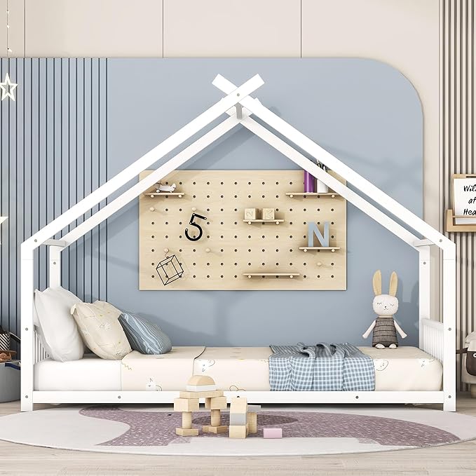 RITSU Twin Size Montessori Floor House Bed, Bedframe with Metal Slat & with Headboard and Footboard, Sturdy Construction, for Children's Room, Girls, Boys, White - LeafyLoom